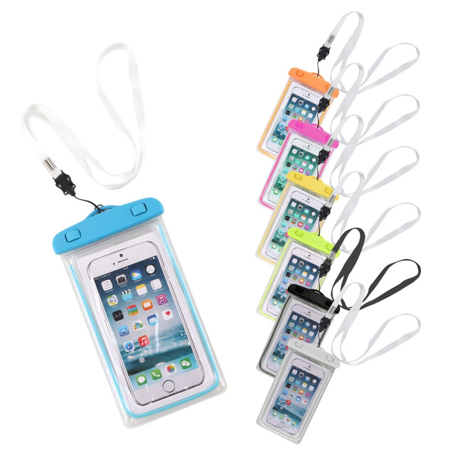 A variety of waterproof phone bags in different colours, each with a strap and a logo.