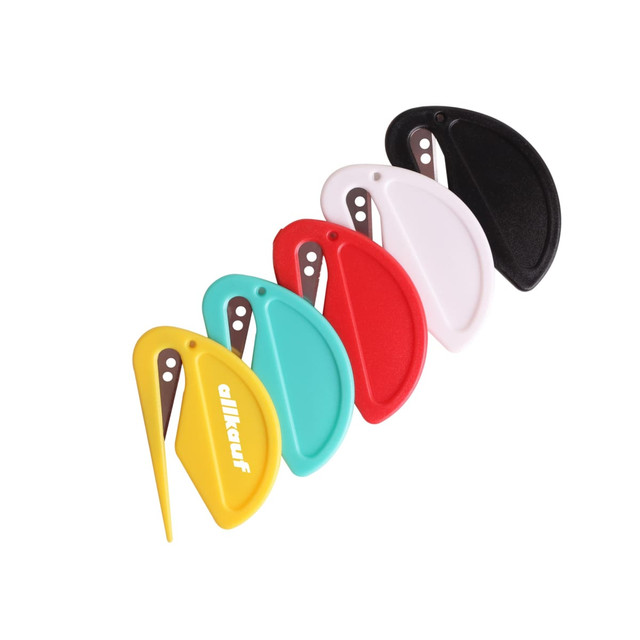 A set of coloured letter openers in yellow, teal, red, white, and black, featuring a logo on one.