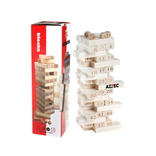 A wooden block tower game with numbered blocks in a stacked configuration, featuring a colourful box with branding.
