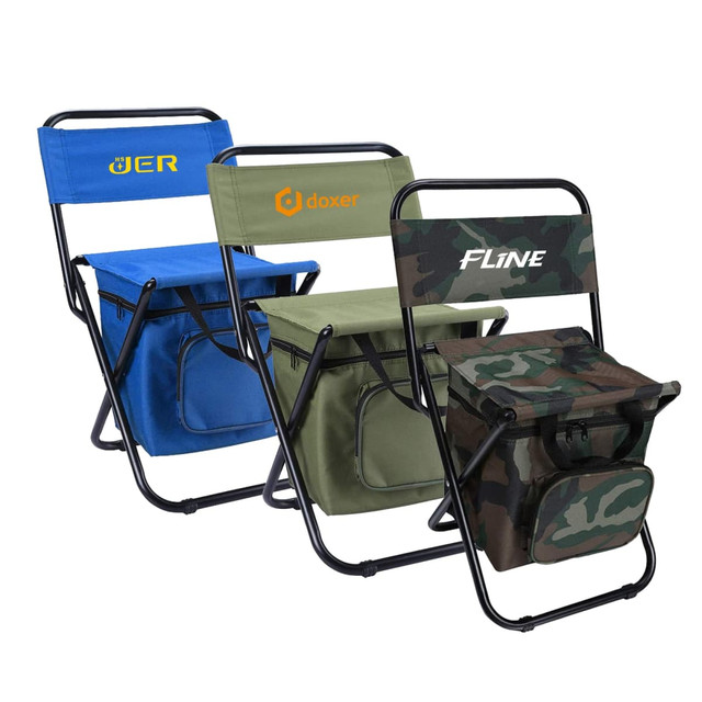 Three foldable camping chairs in blue, green, and camo, each with a cooler bag and a branding logo.