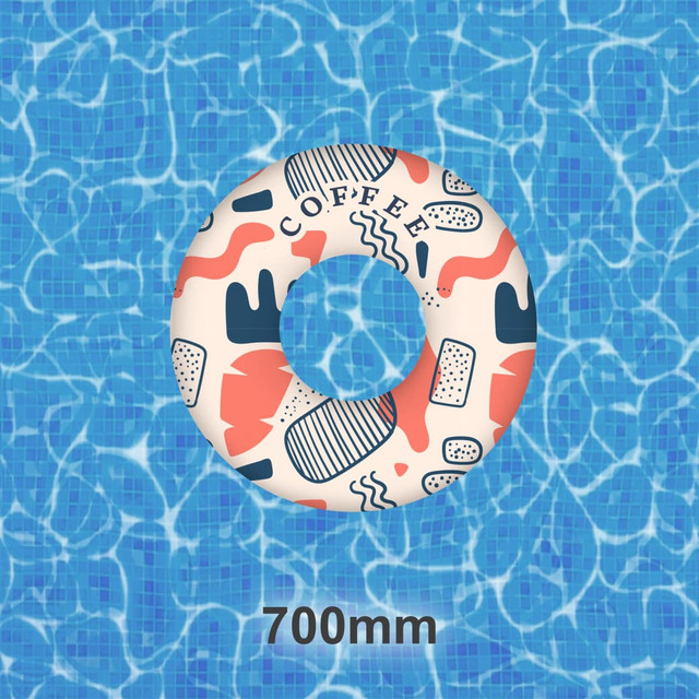 An inflatable swim ring, 70cm in size, featuring a colourful coffee-themed design, floating in a pool.