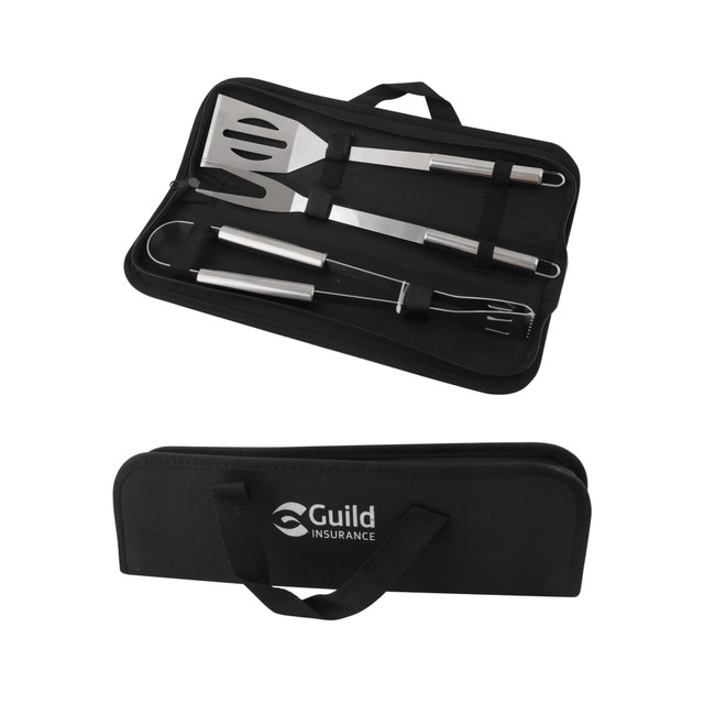 Three-piece barbecue tool set in stainless steel with a black pouch, featuring a spatula, fork, and tongs.