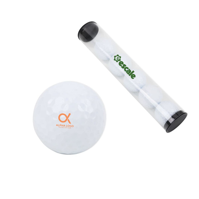 A clear tube containing six white golf balls, one displaying an orange logo.
