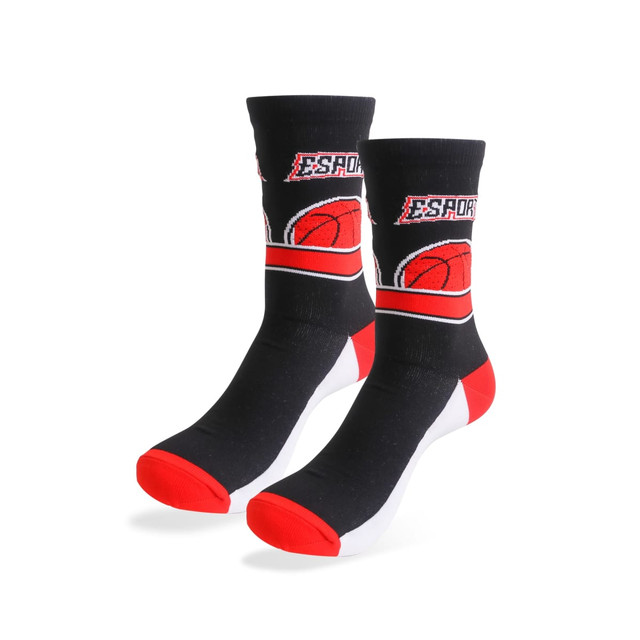 Crew sport socks in black with red accents and a basketball graphic; features branding on the upper section.