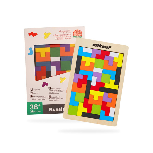 A wooden game set featuring brightly coloured, interlocking blocks in various shapes, packaged in a cardboard box with a logo.