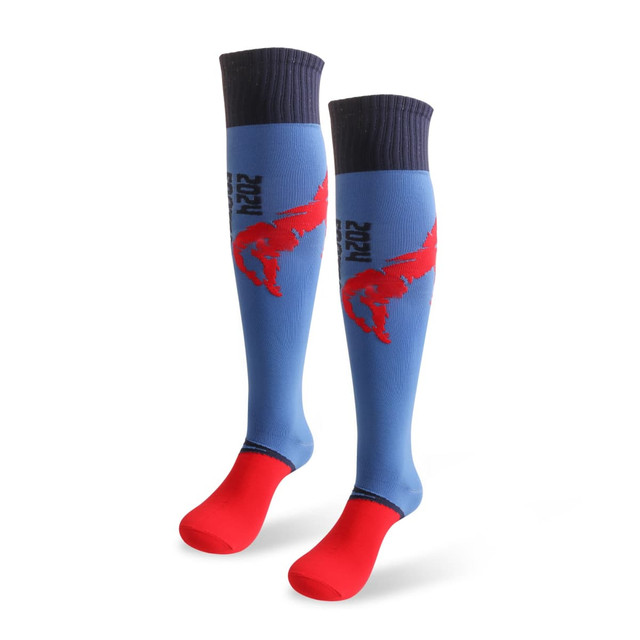 Knee high football socks featuring a blue body, red accents, and a navy cuff. Includes a logo.