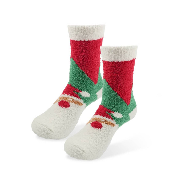 A pair of coral fleece socks featuring red, green, and white patterns, designed for comfort.
