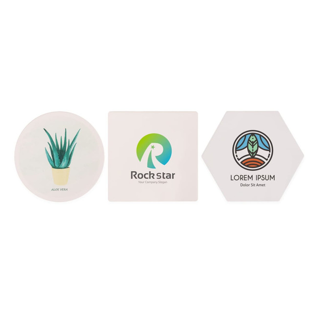 A set of coasters featuring a plant illustration, a logo, and a decorative pattern, in a variety of shapes.