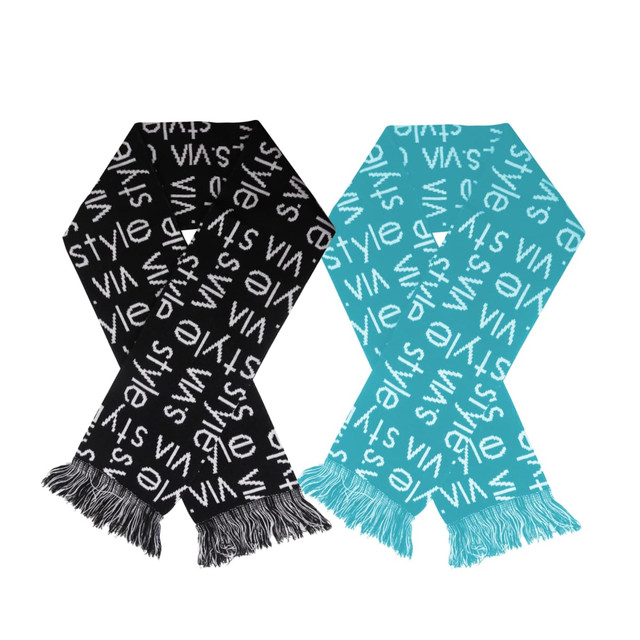 Acrylic fibres scarf in black with white text and a turquoise version with white text, both featuring fringed ends.