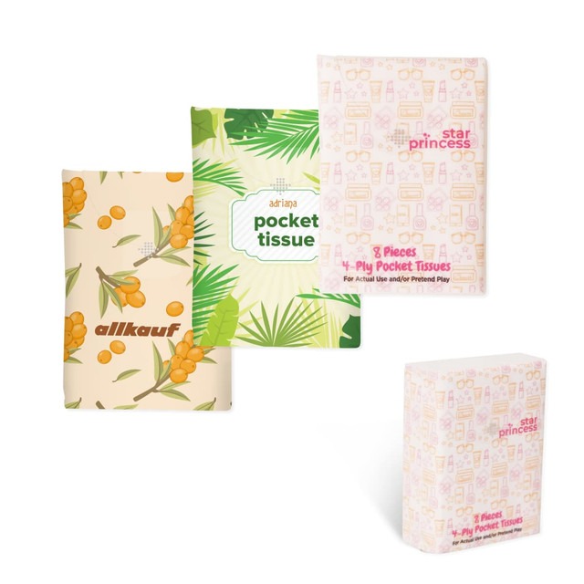 A collection of pocket tissue packs featuring various designs, including floral and tropical patterns in multiple colours.