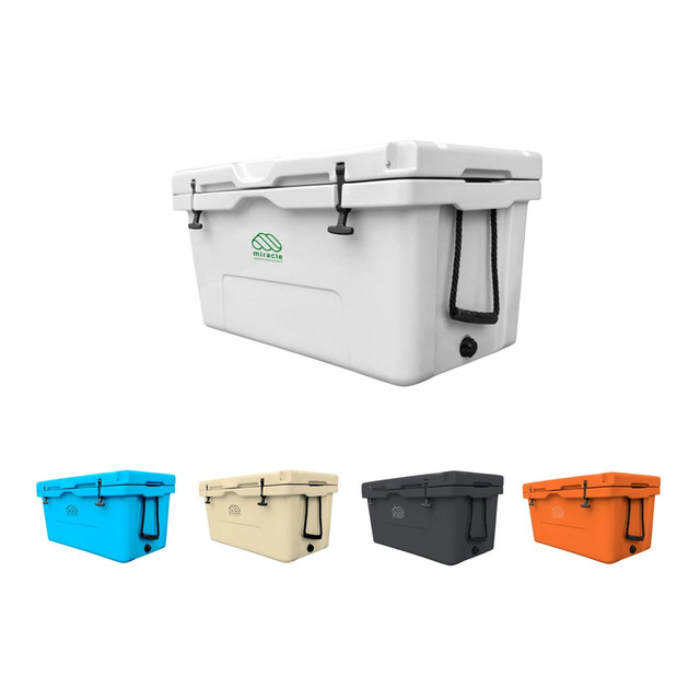 A 85L cooler box available in white, blue, cream, grey, and orange, featuring a logo and secure latches.