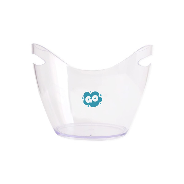 A clear ice bucket with a rounded design and handles, featuring a colourful logo.
