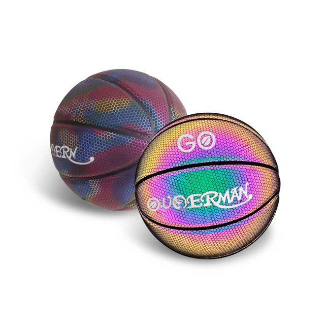 A holographic basketball in shades of purple, blue, and pink, featuring a logo on its surface.