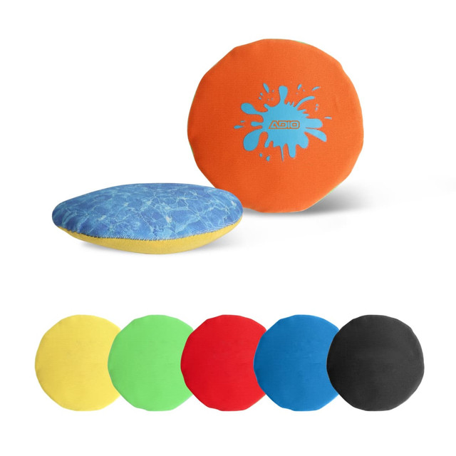 A water bouncing disc in orange and blue, with additional discs in yellow, green, red, and black. It features a logo.