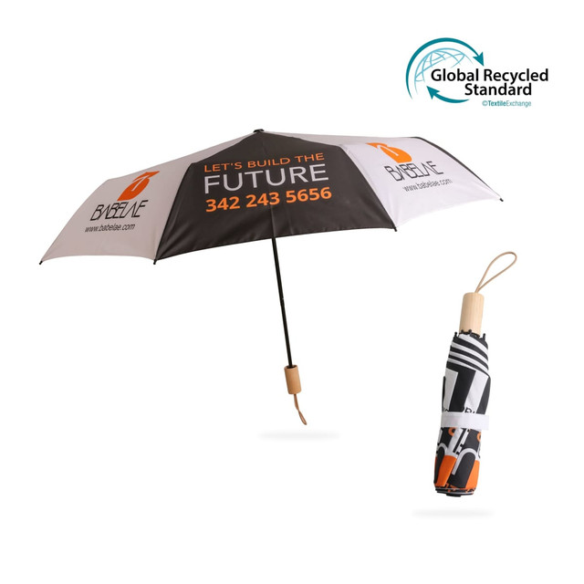 A triple-folding RPET umbrella in black and white with an orange handle and a logo.