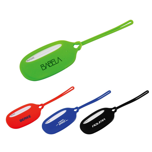 Coloured silicone luggage tags in green, red, blue, and black, featuring a slot for personal information.