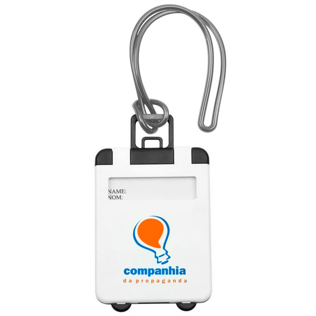 A white ABS luggage tag featuring a black clip and a logo, designed for identification purposes.