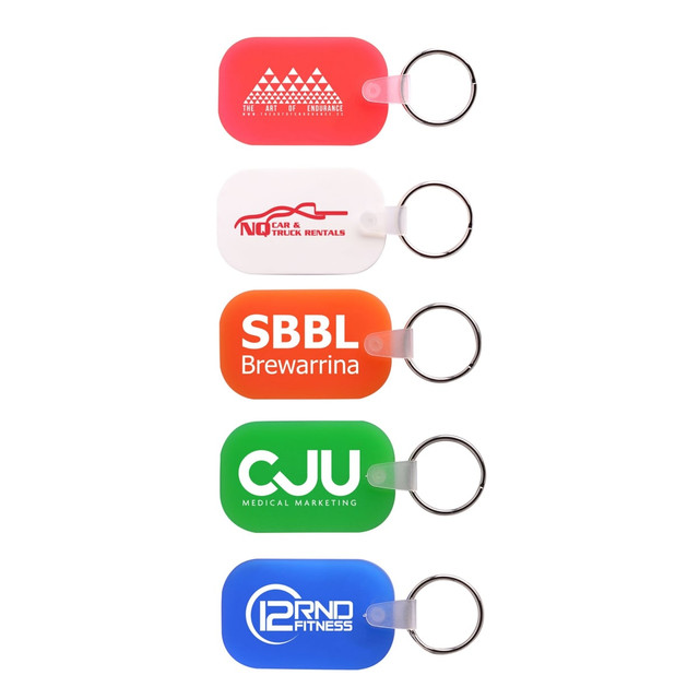 Five oblong keyrings in various colours: red, white, green, and blue, each featuring a different logo.