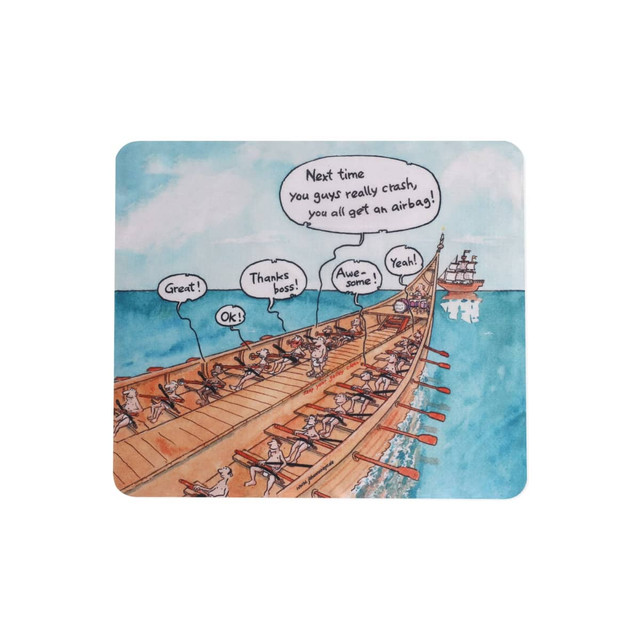 A colourful mouse pad featuring a humorous illustration of rowers on a boat with speech bubbles and a ship in the background.