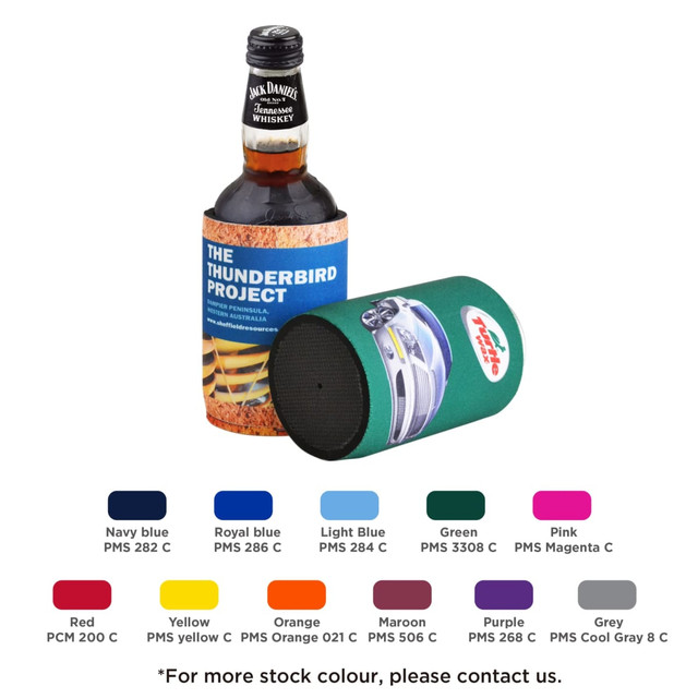 A drink bottle is nestled in a green stubby holder featuring an image and a logo. Other colour options are displayed below.