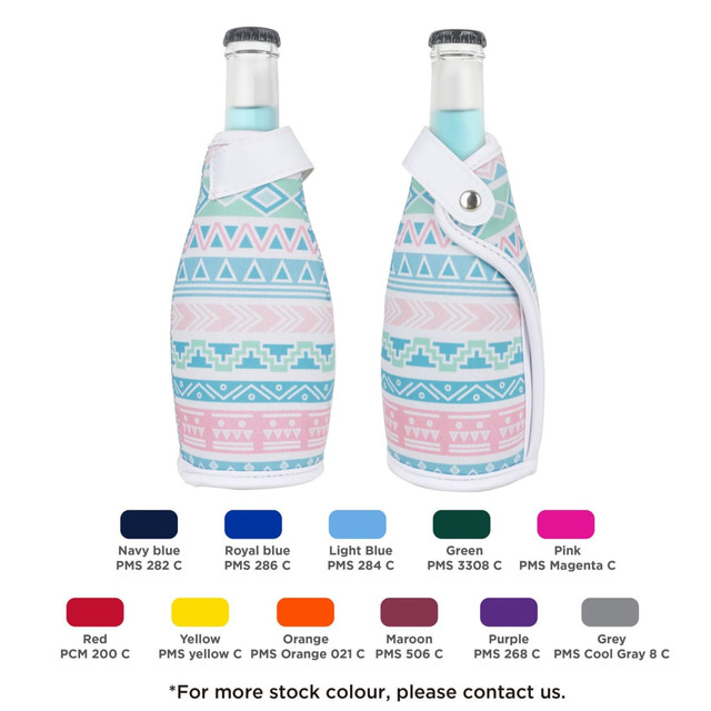 A drink bottle is wrapped in a pastel patterned cooler with shades of pink, blue, and white, featuring a logo.