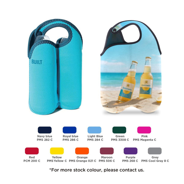 A drink bottle cooler featuring a blue neoprene design with a snap handle, accommodating two bottles side by side.