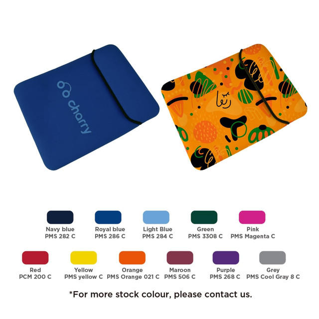 A blue and an orange tablet PC bag featuring abstract designs, with logos and multiple colour options displayed below.