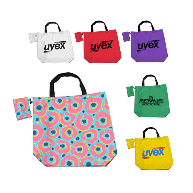 A foldaway shopping bag collection featuring patterns and colours like pink, white, red, purple, and green, with clips.