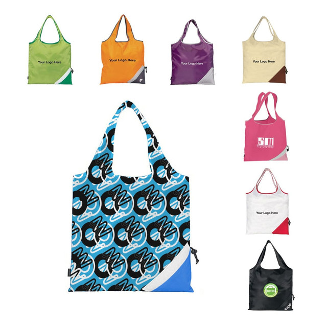 A foldaway shopping bag in blue with a bold pattern, alongside bags in green, orange, purple, cream, and red. Each has a logo.