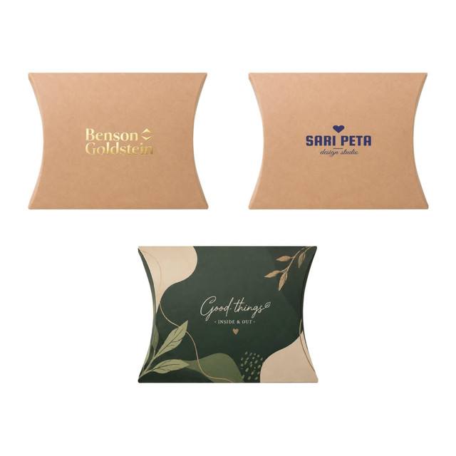 A large brown kraft pillow box featuring various designs and logos, showcasing a smooth, curved shape.