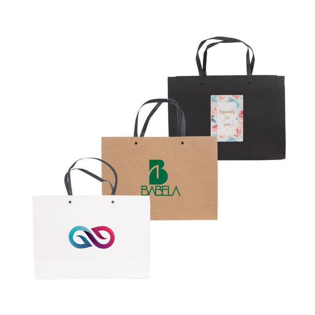 Three medium crosswise paper bags in black, brown, and white, each with a different handle design and logo branding.