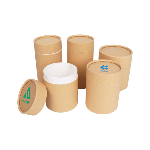 A group of five large paper cylinder boxes in a natural brown colour, with various lid designs and logos.