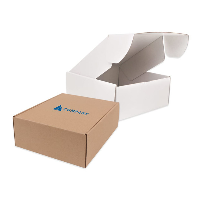 A large, kraft brown shipper box with a flap lid and a logo on the front. It is partially open, revealing an inner white box.