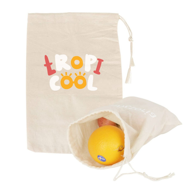A large cotton produce bag in natural colour, with an orange and apple inside, featuring a logo on the front.