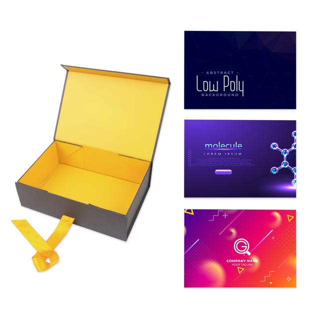 A large foldable magnetic box in black with a vibrant yellow interior and a ribbon, displayed alongside design graphics.