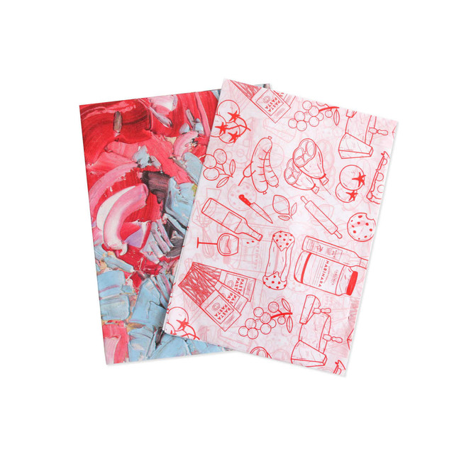 A set of two Kraft paper sheets, one with a red and blue abstract pattern and the other featuring red line drawings of food items.