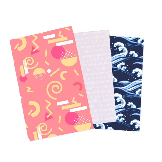 Three sheets of wrapping paper featuring vibrant patterns: pink with geometric shapes, white with subtle design, and navy blue with wave motifs.