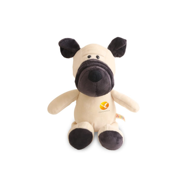 A beige and black plush dog toy with a stitched nose and ears, featuring a small logo on its body.