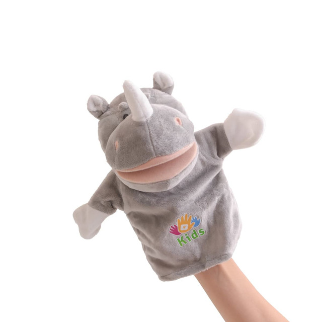 A grey plush rhinoceros hand puppet with a smiling mouth and white paws, featuring a logo on its body.