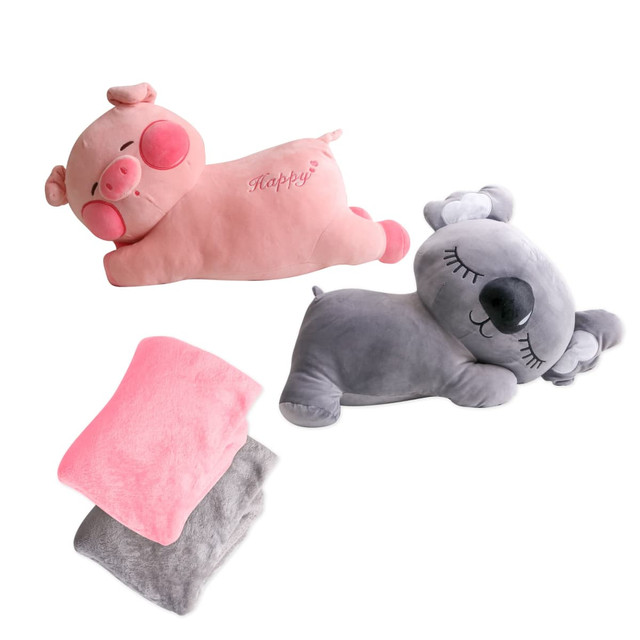 A pink pig plush toy and a grey koala plush toy, accompanied by two soft blankets in pink and grey.
