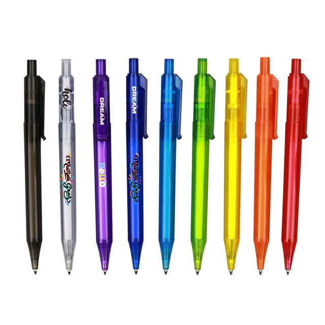 A selection of plastic pens in various transparent barrel colours: black, clear, purple, blue, green, orange, and yellow.