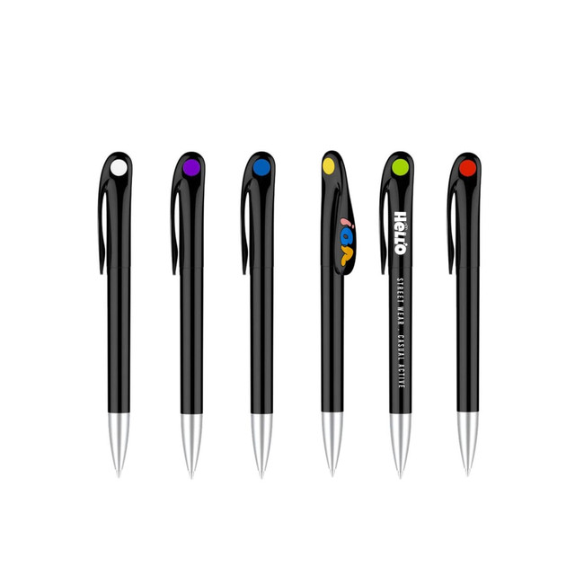 A collection of black barrel plastic pens with colourful top accents and various designs, featuring silver tips.
