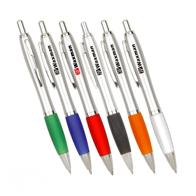 A selection of metal pens in silver, featuring coloured grips in green, blue, black, orange, and white, with a logo.
