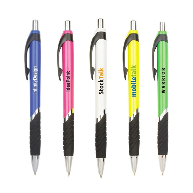 A collection of five coloured barrel ball pens in blue, pink, white, black, and green, featuring various logos.