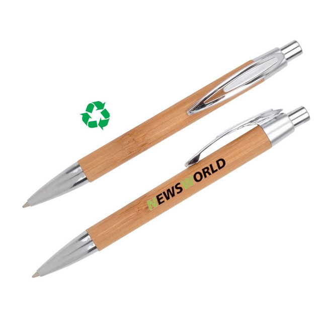 A bamboo click pen with silver accents and a logo, showcasing its eco-friendly design.