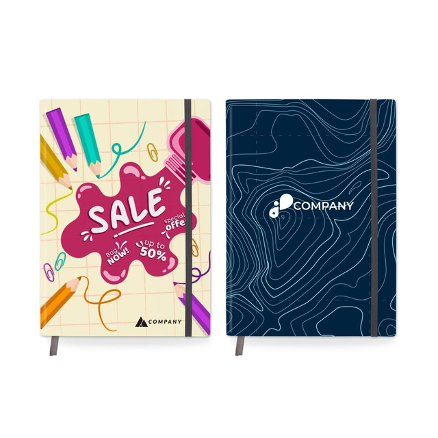 A B5 notebook with a full colour cardboard cover, featuring a colourful design on one side and a dark, patterned design on the other.