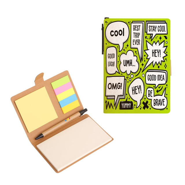A green notepad with colourful sticky notes and a ballpoint pen, featuring a fun design with speech bubbles.