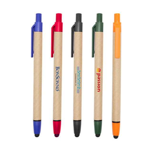 A set of five stylus pens with touch heads, featuring blue, red, black, green, and orange accents on a kraft paper body.