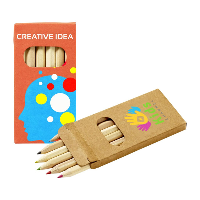 A set of coloured pencils in a cardboard box, featuring vibrant colours and a logo on the packaging.