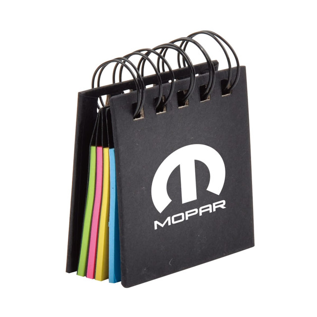 A 4-layer recycled sticky notepad with a black cover and colourful sticky notes, featuring a logo on the front.